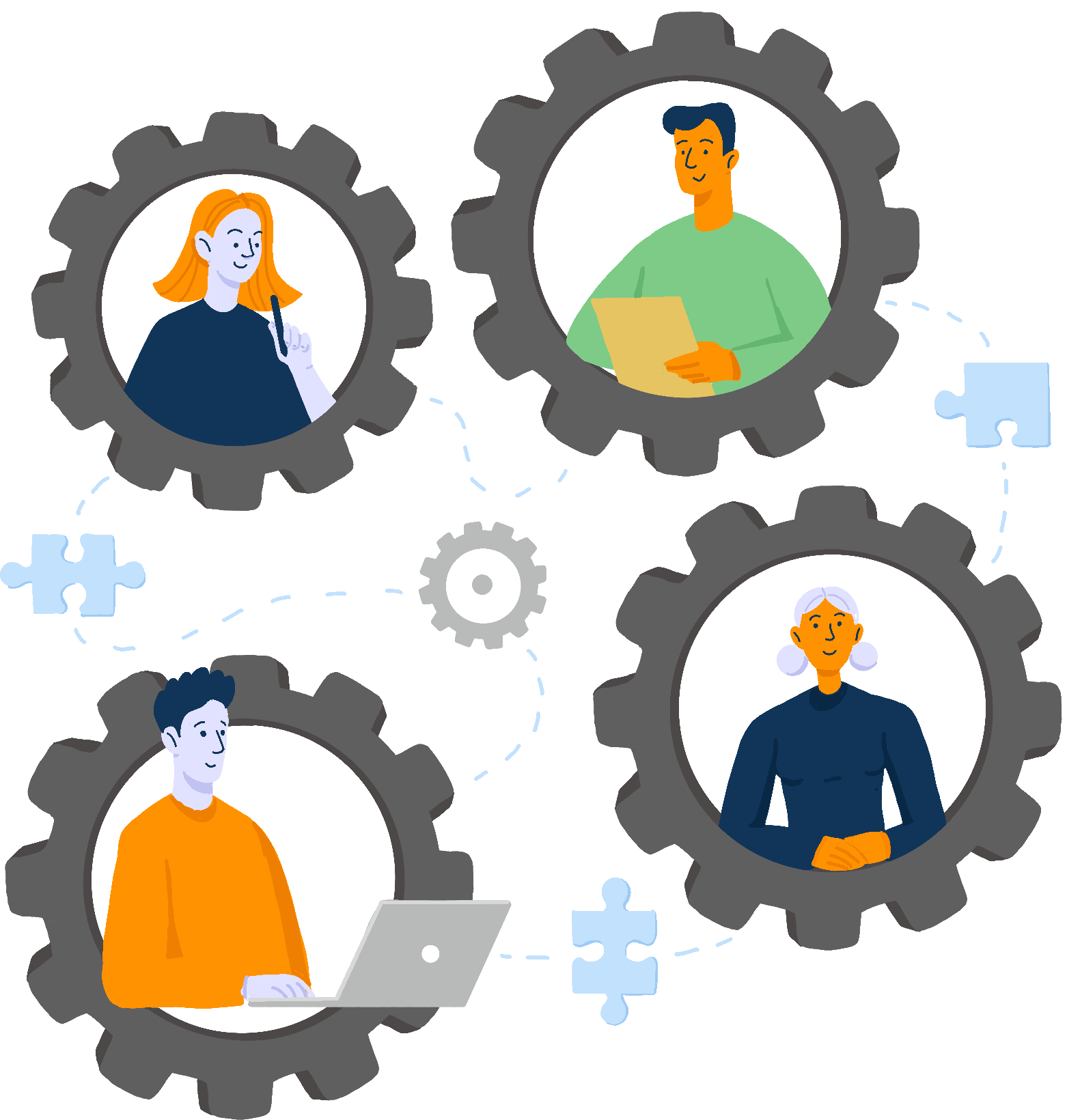 Team working together within an abstract gears illustration