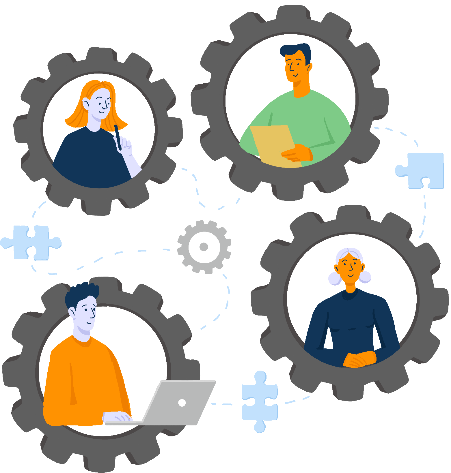 Team working together within an abstract gears illustration