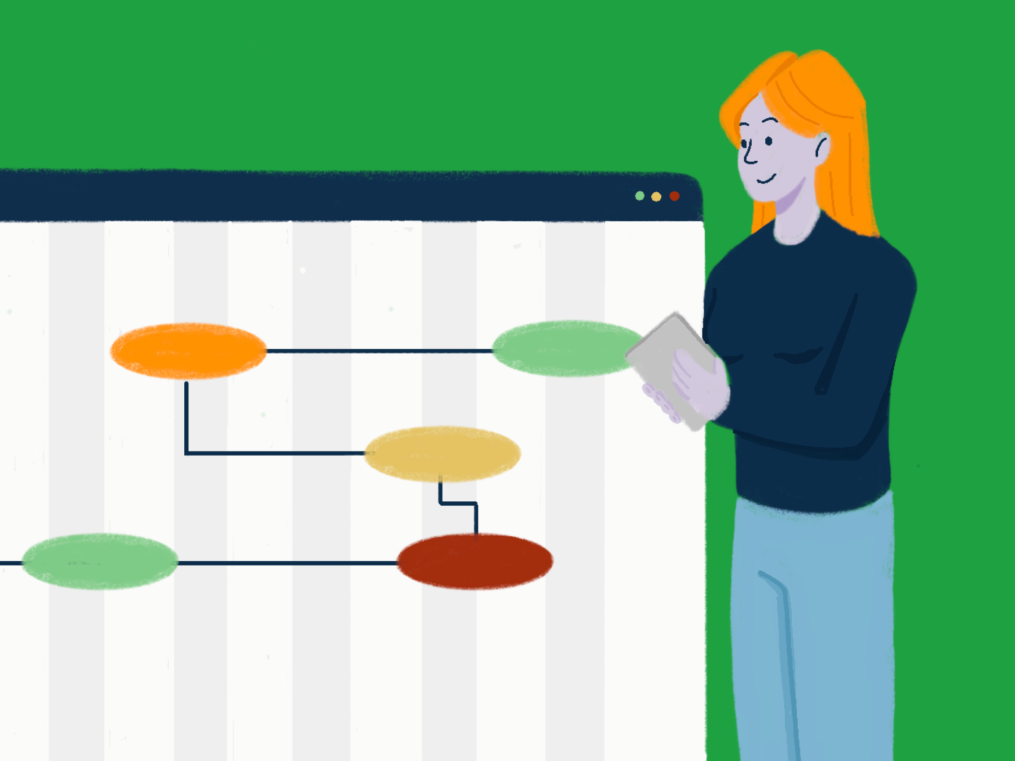 Illustration of a woman standing next to a large chart representing the IT lifecycle