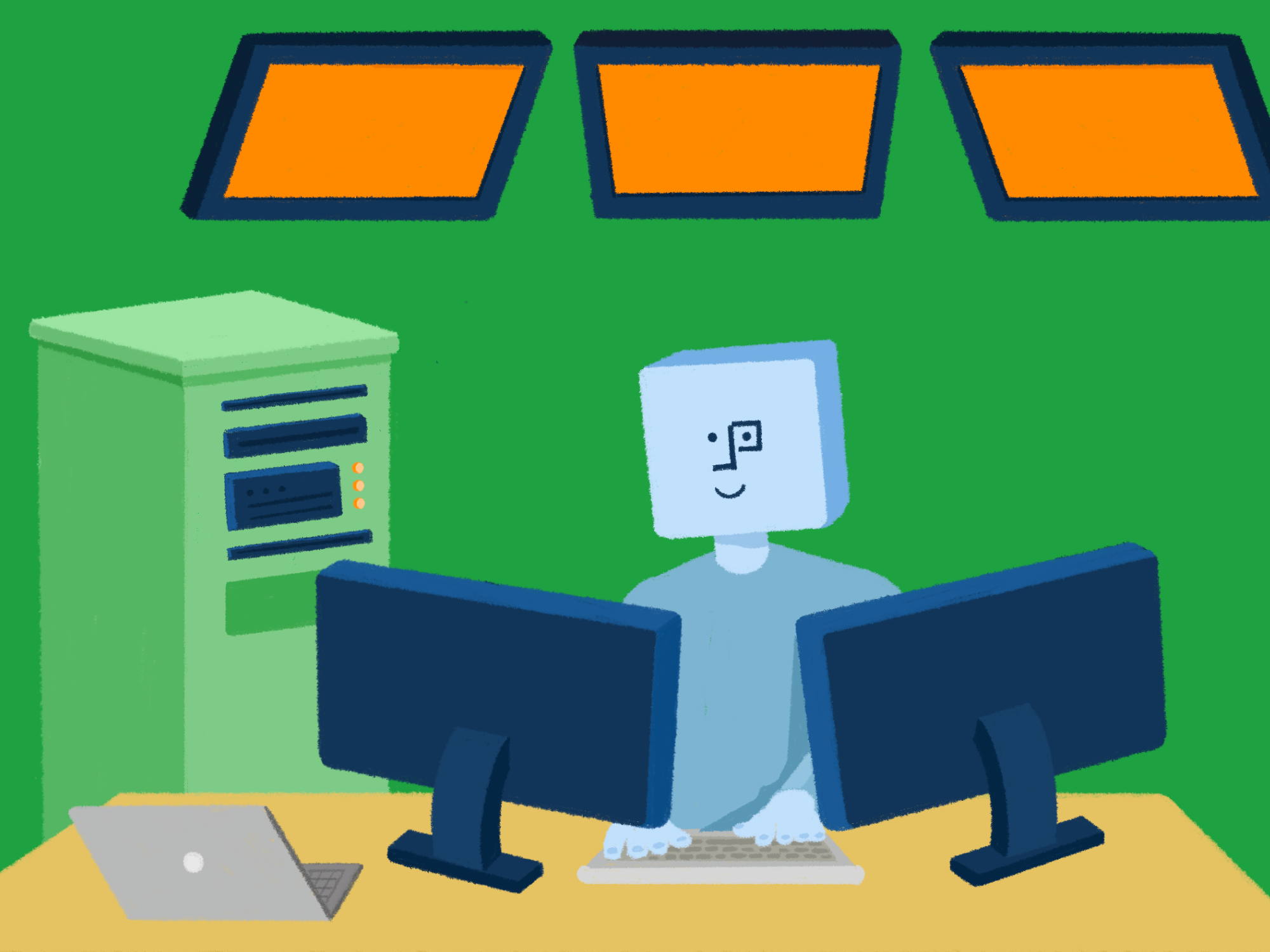 Personified mascot sitting at a desk with multiple computer monitors