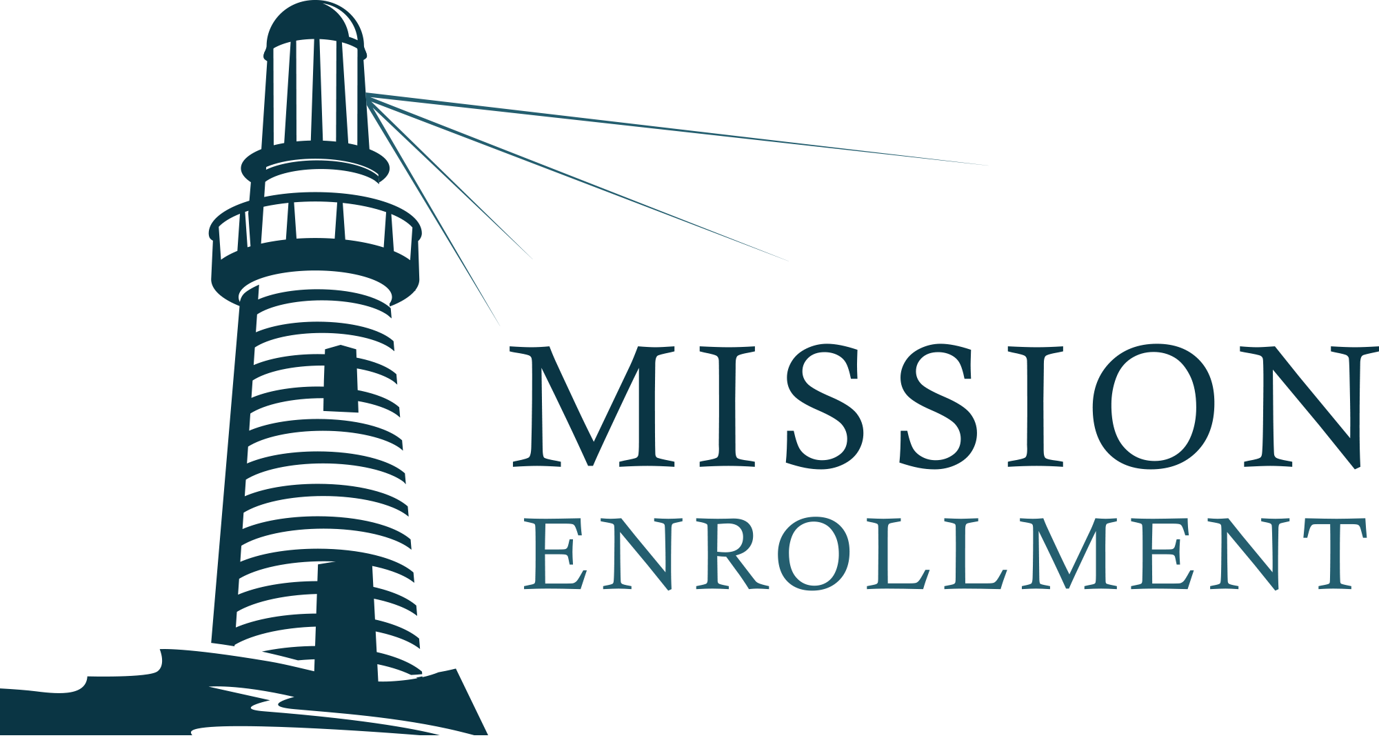 Mission Enrollment logo - with the name Mission Enrollment next to a Lighthouse Emitting Light in navy blue